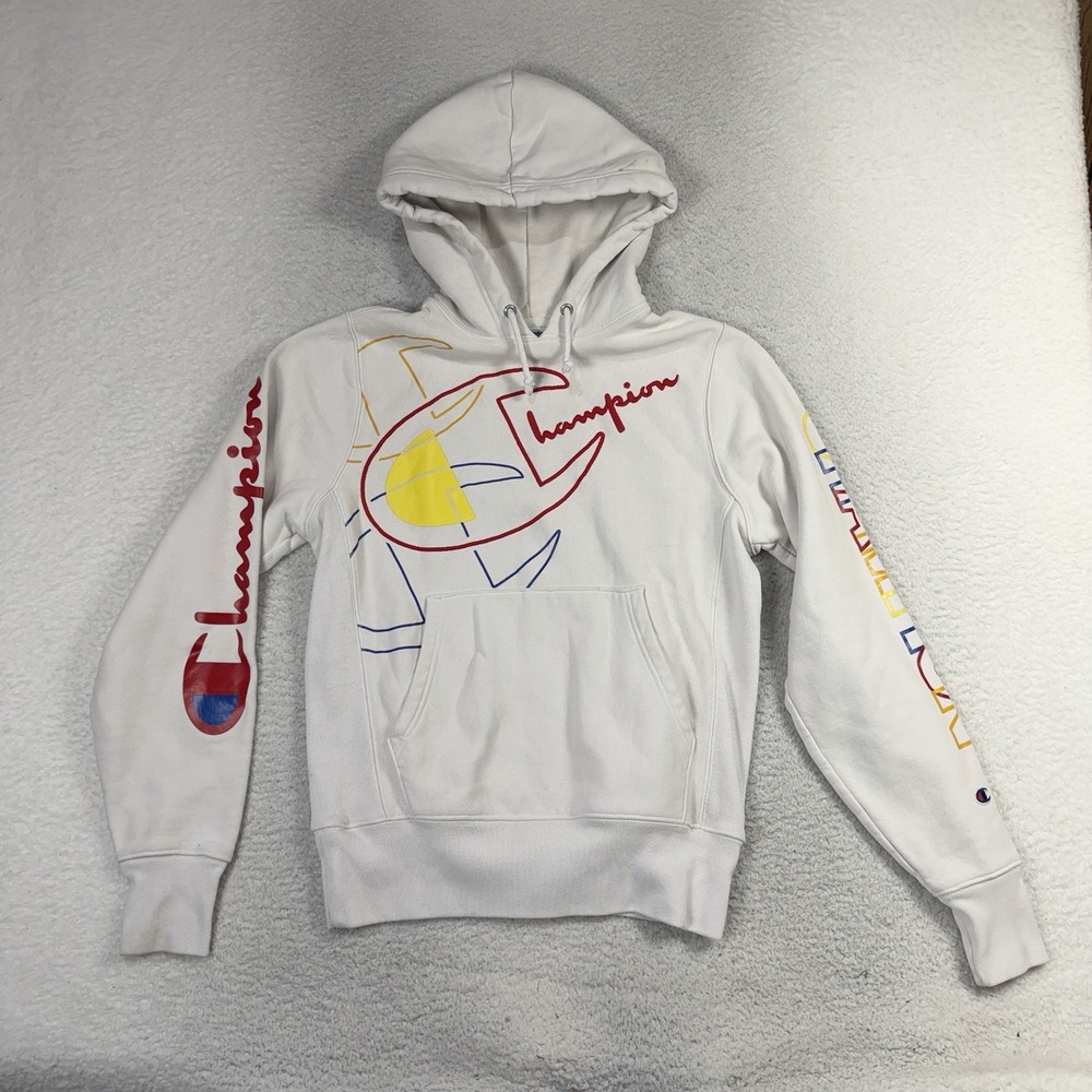 Vtg Champion Multi-Colors White Small Reverse Weave Pullover Hooded Sweatshirt